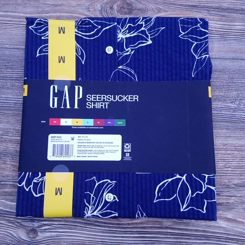 New Gap Seersucker Short Sleeve Striped Hawaiian Blue Button Up Shirt - Picture 5 of 10